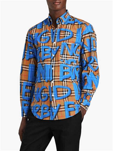 graffiti burberry shirt|Burberry Blue Graffiti Print Vintage Check Shirt for men.